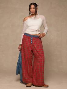SHEIN VCAY Pantalon ample en flanelle rouge à carreaux de Noël pour femmes grandes tailles, doux et confortable. Idéal pour l'automne/hiver - Rouge - Voir 6
