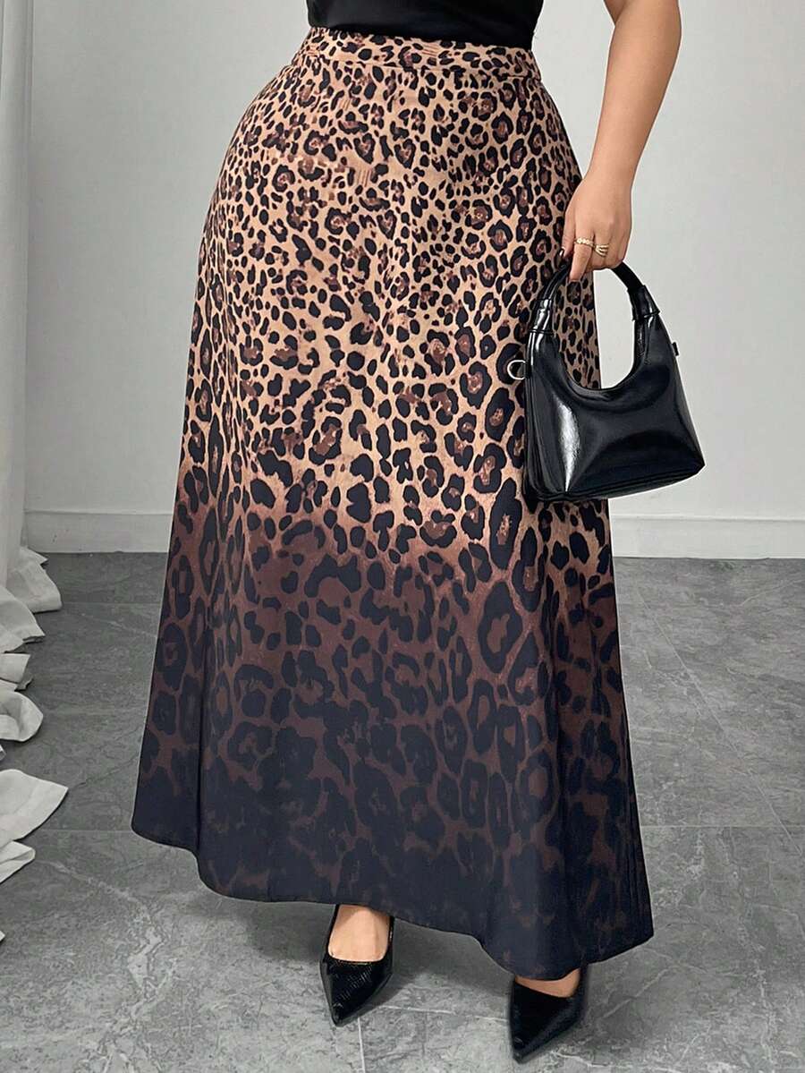Modelyn Plus Size Elegant Leopard Gradient Flared Skirt - Multicolor - View 1
