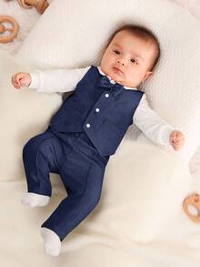SHEIN 3pcs Newborn Baby Boy Bowtie Bodysuit, Vest And Thin Pants Set - Navy Blue - View 4