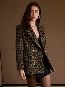 MOTF PREMIUM LEOPARD PRINT PEAK COLLAR DOUBLE BREASTED PLACKET BLAZER , FALL WINTER - Coffee Brown - View 6