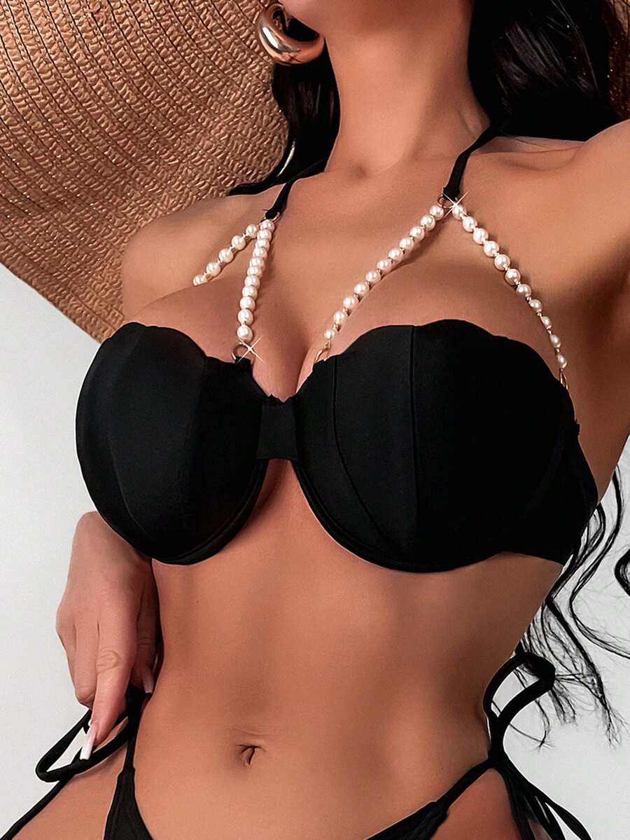 Swim Chiccia 2026 Spring/Summer Pearl Chain Spaghetti Strap Halter Seashell Hard Cup Cleavage Enhancing Black Elegant Bikini Top - Black - View 1