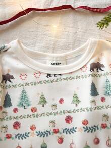 SHEIN Vintaside Kids 2 pièces Ensemble de pyjama ajusté pour bébé garçon avec Top à manches longues et pantalon, imprimé ours cadeau nœud papillon, couleur abricot