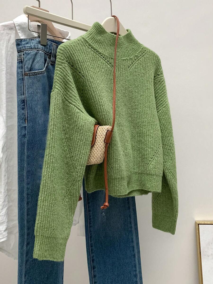 SHEIN Unity New Autumn/Winter Italian Style Green Turtleneck Ribbed Commuter Slim Fit Loose Women Sweater - Green - View 1