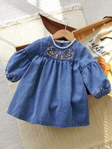 Vintaside Kids 1pc Girls Autumn Dress,Blue Floral Embroidered,Round Neck With Lace Trim,Long Sleeves,Elegant Party Princess,Vintage French Style Casual Dress - Medium Wash - View 6