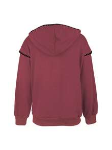 GlowEve Women's Casual Drawstring Hooded Sweatshirt With Floral Trim, Autumn/Winter - Red - View 2