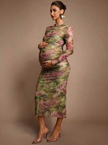 MaterniChic Maternity Floral Print Round Neck Long Sleeve Ruched Fitted Elegant Dress Luxury Evening Dress  Chic Evening Dress  Elegant  Baby Shower Dress Pregnancy Photoshoot Dress Sexy Maternity Dress Pregnant Clothes Pregnant Dress Rose Print Dress - Multicolor - View 7