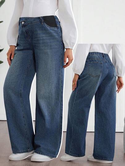 SHEIN Maternity Casual Asymmetrical Waist Jeans, Christmas,New Year, Vintage Washed Jeans, Comfy Workwear Jeans