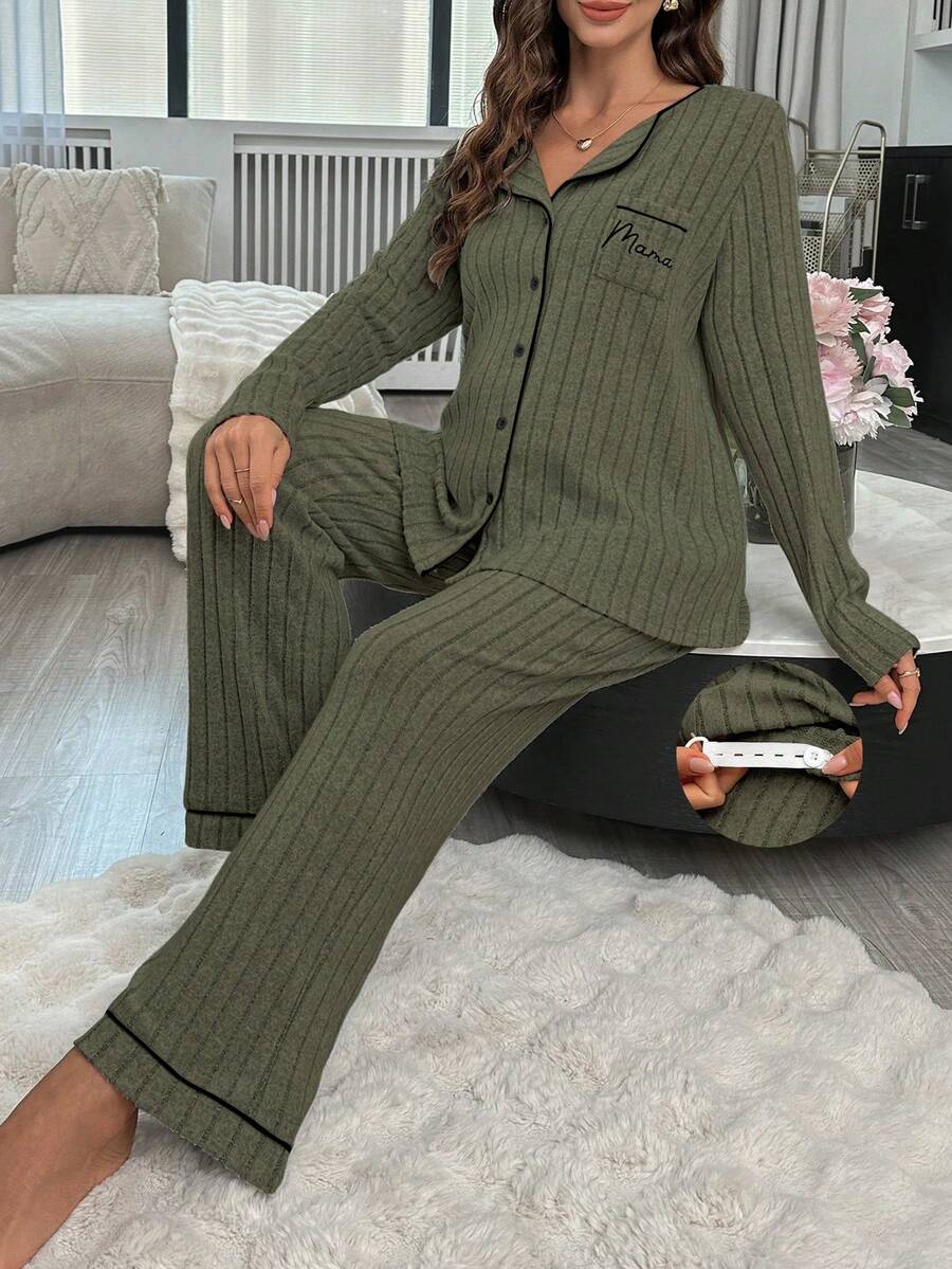 Moonlight&Mama Maternity Pocket Letter Print Distressed Long Sleeve Ribbed Top & Pants Loungewear Set, Sage Green Pajama Set Lounge Set, Winter