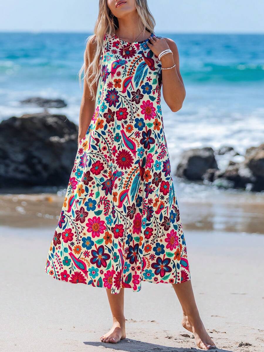 Sylviya 女士休闲印花中长连衣裙，适合春夏穿着，女士夏季连衣裙，时尚连衣裙，度假装 - 彩色 - 查看 1