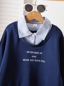 Genkimix Kids 少女条纹字母印花休闲卫衣，秋冬季款 - 藍色 - 查看 5