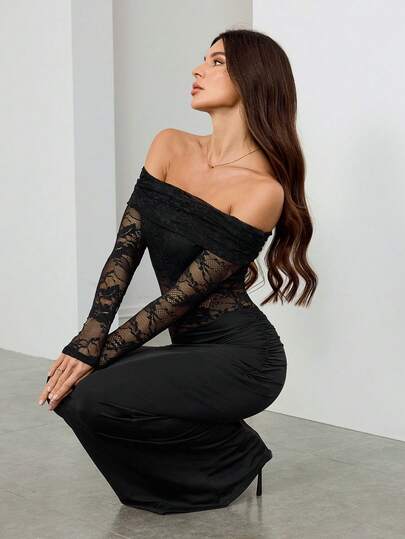 SHEIN EZwear Plus Size Off-Shoulder Lace Print Ruffle Fitted Dress, Sexy & Suitable For Valentine's Day Party And Date