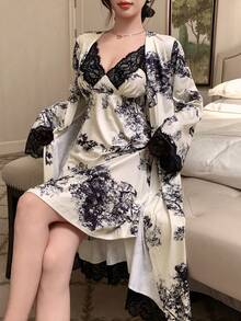 DAZY 素描风景图案撞色蕾丝拼接吊带睡裙睡袍女士睡衣套装，冬季服装 - 米色 - 查看 5