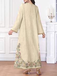 Al Najma Women's Floral & Digital Print V-Neck Long Sleeve Elegant Arabic Style Maxi Dress, Spring/Autumn - Multicolor - View 2