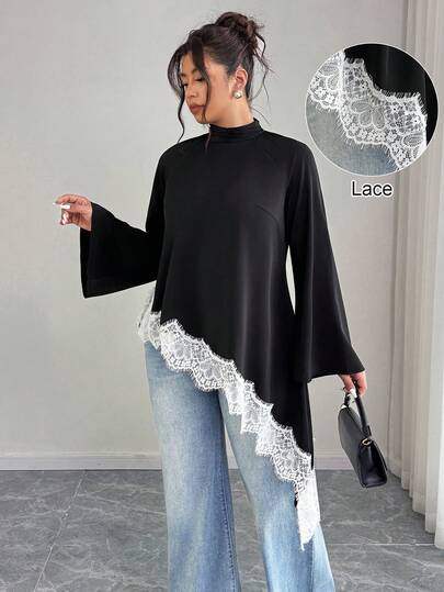 Elenzga Plus Size Women's Black Long Sleeve Asymmetrical Hem Blouse With White Lace Trim For Casual Office Elegant Wedding New Year's Attire Christmas Halloween