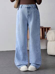 SHEIN Umstandsmode lässige weite Jeans mit Taschen für Herbst Winter Halloween Weihnachten Neujahr Thanksgiving Pendeln Urlaub Y2K süßer Streetwear Techno Geburtstag thermisch gefütterte Jeans Damen bequeme warme thermisch gefütterte hellblaue Jeans mit Gummibund für den Winter Freizeitmode