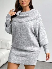 Firerie 大码休闲复古风 Y2K 风格灰色露肩长袖毛衣裙，舒适百搭，适合日常穿着，适合秋冬季 - 灰色 - 查看 4