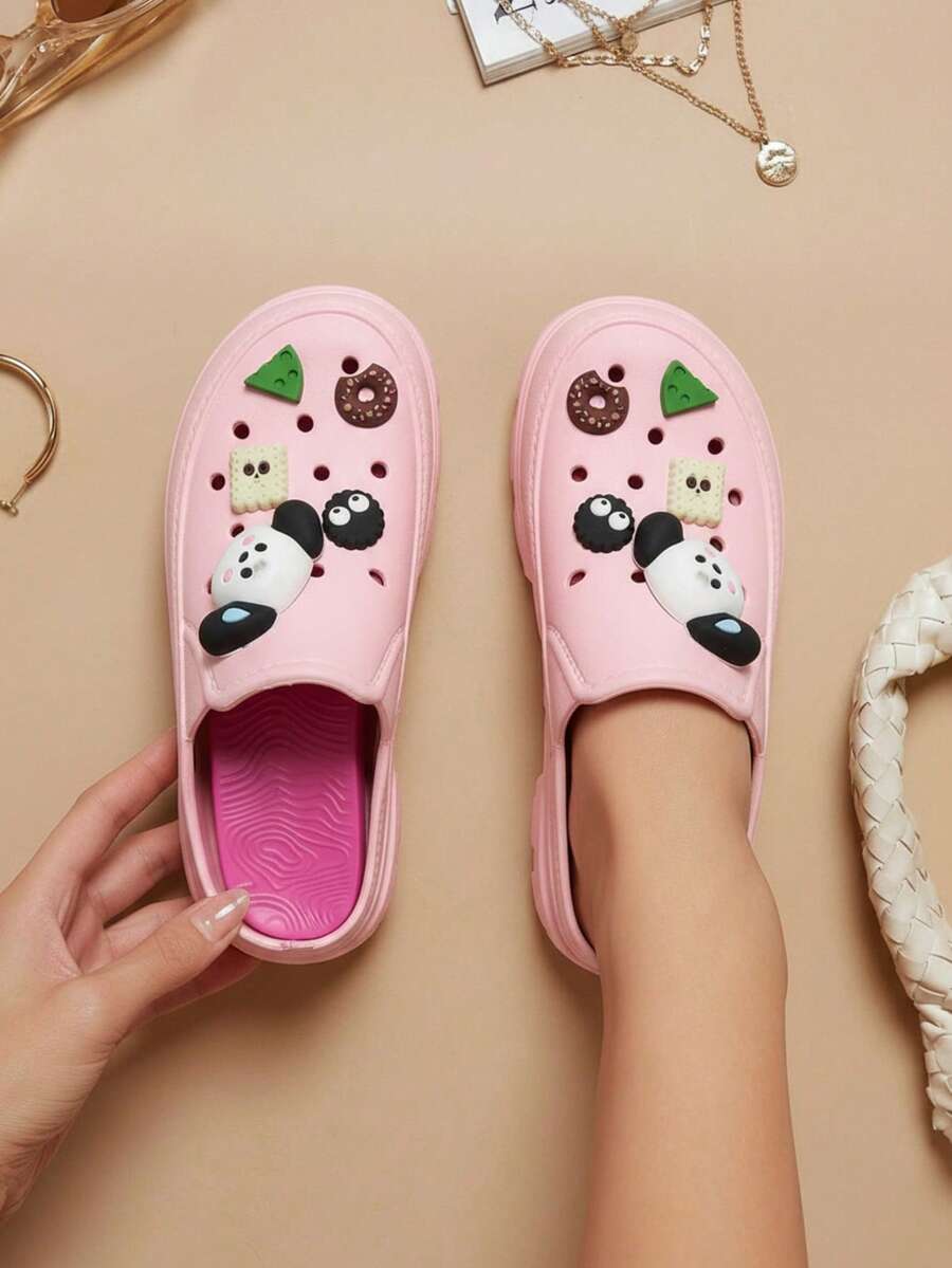 Sandalias para mujer con dijes intercambiables estilo perrito, punta cerrada, suela gruesa, agujeros transpirables, casual de verano - Rosa - Ver 1
