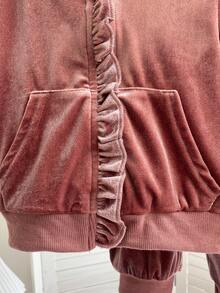 SHEIN Playful Pals 2pcs Baby Girl Fashionable Casual Cute Pink Velvet Long Sleeve Hooded Jacket With Pockets & Ruffle Trim, Paired With Pants Set, Suitable For Spring & Autumn School/Daily Wear,Christmas Pajamas - Pink - View 10