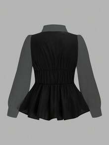 Sweetra Plus Size U-Neck Solid Color Contrast Keyhole Front Drawstring A-Line Long Sleeve Shirt Peplum Top - Dark Grey - View 2