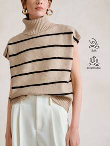 Aalyst Blusa de punto de cuello alto y rayas elegante para mujer - Caqui - Ver 1