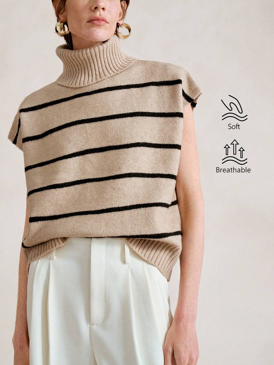 Aalyst Blusa de punto de cuello alto y rayas elegante para mujer - Caqui - Ver 1