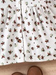 SHEIN Toddler Girls' Sweet Ditsy Floral Hooded Thick Casual Minimalist Jacket, Autumn/Winter - Apricot - View 6