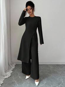 Elenzga 女士休闲日常通勤简约纯色长袖单排扣开衫和阔腿裤两件套，春秋 - 黑色 - 查看 3