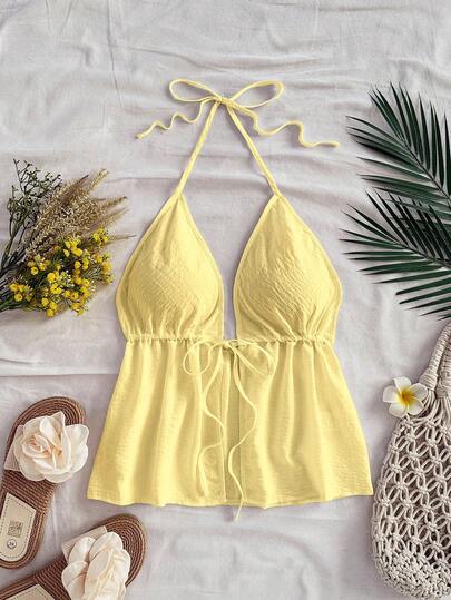 Soleia Women's Casual Resort Style Pale Yellow Semi-Sheer Halter Backless Vacation Tank Top, Suitable For Summer,Butter Yellow,Rave Top Suitable For Going Out