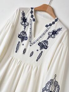 Rusticease Women's Casual Vacation Style Cutout Neck Embroidered Lantern Sleeve Peplum Top, Spring/Autumn Women's Fall Clothes  Christmas White Top Winter Clothes For Women - Multicolor - View 5