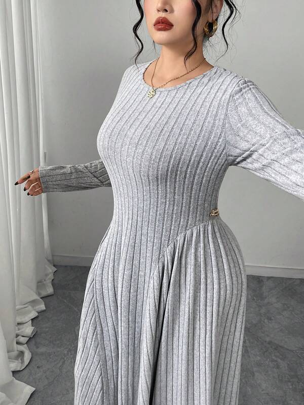 Lacomfia Light Gray Vertical Striped Long Sleeve Knit Dress, Elegant A-Line Midi Dress