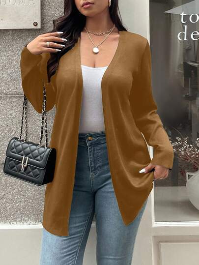 Vionelle Cárdigan casual de manga larga con cuello en V de un solo color, versátil, talla grande