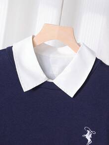 SHEIN 2 件套青少年男孩绅士装，海军蓝百搭时尚圆领长袖运动衫 + 卡其色长裤，绅士西装，商务优雅学院风休闲装，生日派对日常穿着，极简主义 - 彩色 - 查看 6