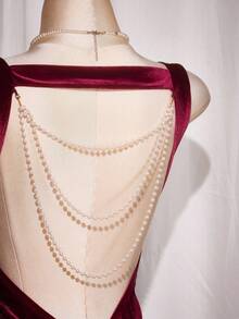 SHEIN ICON Plus Size Backless Pearl Chain Decor Women Mini Dress, Elegant For Christmas, New Year Party/Winter - Burgundy - View 7