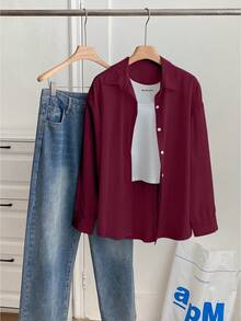 Resyla Plus Size Women Casual Solid Color Front Button Long Sleeve Shirt, Autumn - Burgundy - View 4