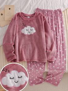 Girls Pajamas, Elegant Casual Home Wear, Long Sleeve Top & Pants Set, Embroidered Cloud, Smile, Starry Sky Patterns, Fleece Fabric, Suitable For Autumn/Winter - Dusty Pink - View 3