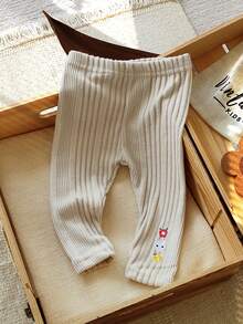 Vintaside Kids 1pc Baby Girls' Spring/Autumn New Asymmetrical Ribbed Apricot Tight Ankle Embroidered Design Simple Versatile Homewear Leggings For Toddler - Apricot - View 5