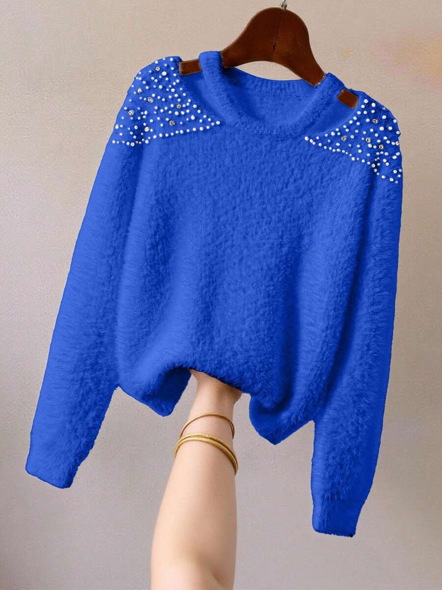 GlowEve Sweater Rajut Leher Bulat dengan Hiasan Mutiara Halus, Lembut & Nyaman untuk Musim Gugur/Dingin, Ringan, Tidak Tebal, dan Tidak Mudah Rontok - Royal Blue - View 1