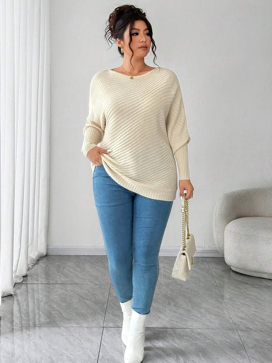 Elenzga Women's Casual Loose Plus Size Off-Shoulder Long Sleeve Sweater, Plus Size, Suitable For Outerwear, Winter - Apricot - View 1