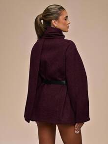 SHEIN BAE 优雅围巾、宽松腰带、束腰短款外套 - 酒紅色 - 查看 2