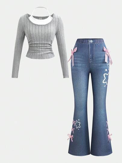 Sweetra Young Girls Bowknot Decor Printed Jeggings & Halter Neck Top 2 Pieces Casual Set