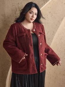 Dazy Plus 加大码红色新年圣诞节仿珍珠装饰宽松加厚保暖优雅外套，秋冬款 - 酒紅色 - 查看 5