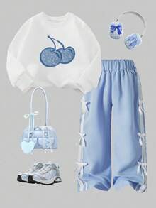 SHEIN 两件套女童保暖内衬樱桃印花圆领卫衣和撞色蝴蝶结长裤，甜美、休闲、学院风，适合外出、返校、度假，可搭配外套、马甲、夹克。 - 白色 - 查看 1