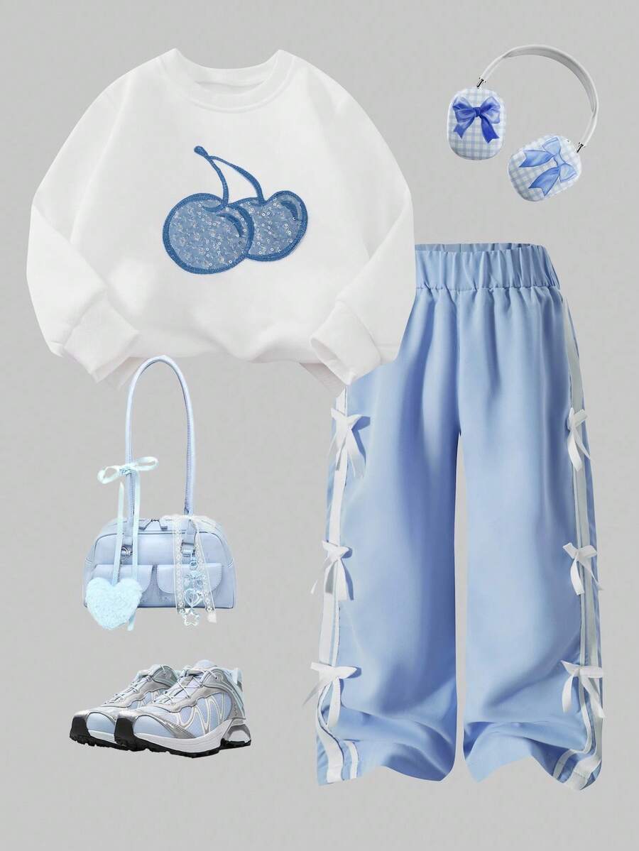 SHEIN 两件套女童保暖内衬樱桃印花圆领卫衣和撞色蝴蝶结长裤，甜美、休闲、学院风，适合外出、返校、度假，可搭配外套、马甲、夹克。 - 白色 - 查看 1