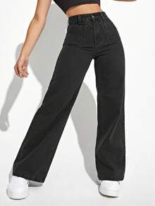 SHEIN ICON 大码女式黑色无弹力阔腿牛仔裤 - 黑色 - 查看 6