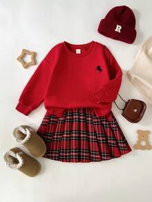 SHEIN 小女孩衣服纯红色圆领刺绣运动衫搭配格子百褶裙青少年女孩 2 件套，红色格子裙套装，圣诞裙套装 - 紅色 - 查看 4