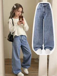 Elladie kids 青少年女孩 Y2K 风格宽松直筒牛仔裤，复古中蓝色牛仔布，柔软舒适的面料，适合上学、通勤、日常穿着、时尚百搭，春夏秋冬