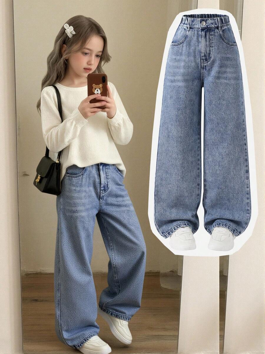 Elladie kids 青少年女孩 Y2K 风格宽松直筒牛仔裤，复古中蓝色牛仔布，柔软舒适的面料，适合上学、通勤、日常穿着、时尚百搭，春夏秋冬
