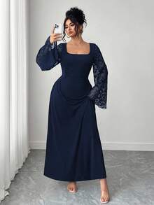 Elenzga 女式加大码法式黄色长袖方领连衣裙，修身设计，优雅提花网眼长袖超长连衣裙 - 藏蓝色 - 查看 6