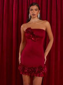 Glamine 女式红色露肩褶饰花卉荷叶边下摆迷你连衣裙，性感派对万圣节圣诞派对连衣裙，女式红色连衣裙 - 紅色 - 查看 7