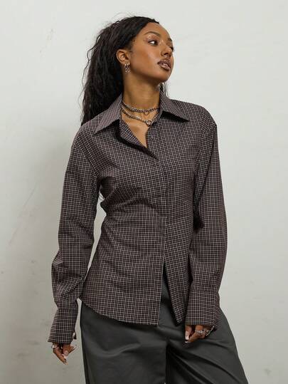 COUREZ Long Sleeve Cinched Shirt In Grid Check /Winter Outfits For Women Winter Tops Y2K Grey Top Winter Outfits